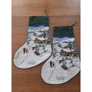 Two Tapestry Snowman Christmas Stockings‎ Nostalgic Countryside Scene Pair